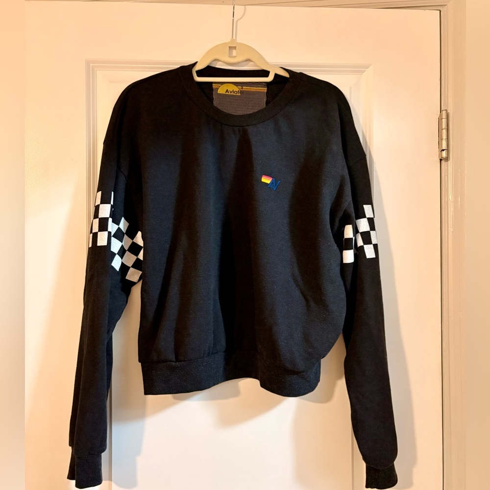 Aviator Nation Black Sweatshirt with Checkered Sleeves Size Small
